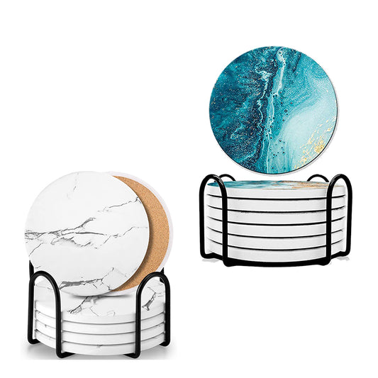 6pcs set Absorbent Ceramic Stone Marble Pattern Coasters with Cork Base drink Coasters with Metal Holder Stand