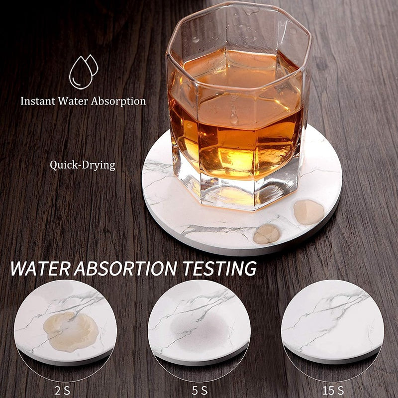 6pcs set Absorbent Ceramic Stone Marble Pattern Coasters with Cork Base drink Coasters with Metal Holder Stand