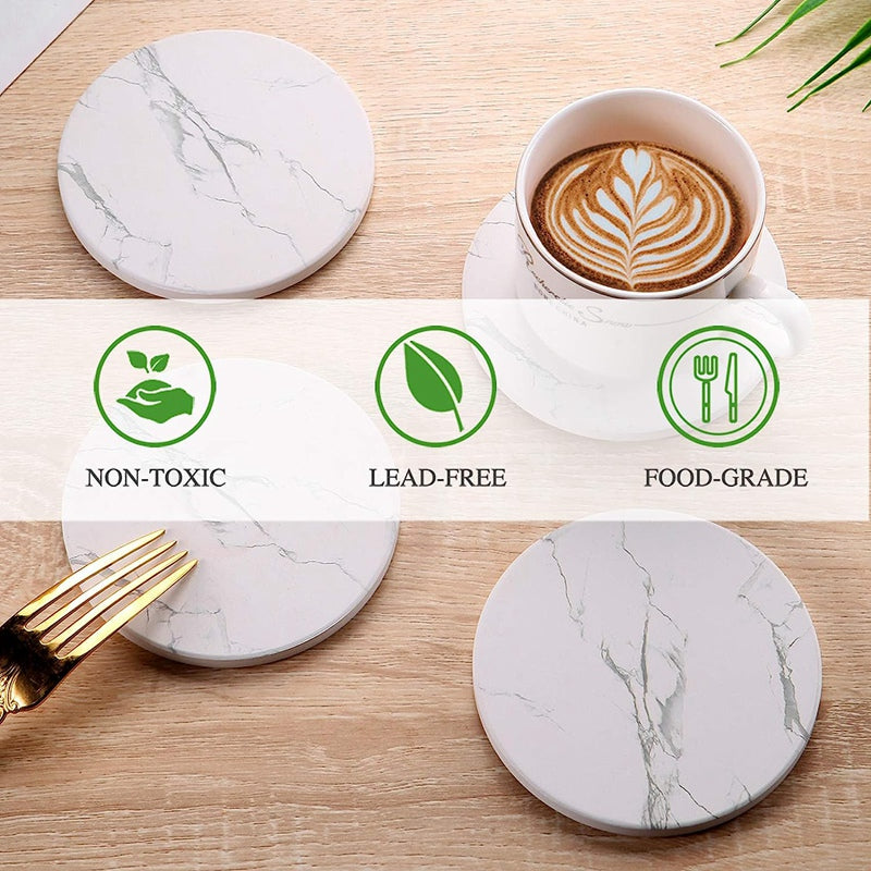 6pcs set Absorbent Ceramic Stone Marble Pattern Coasters with Cork Base drink Coasters with Metal Holder Stand