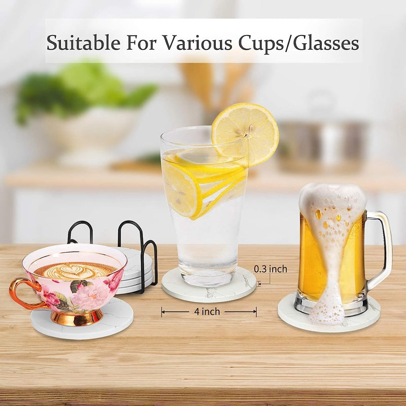 6pcs set Absorbent Ceramic Stone Marble Pattern Coasters with Cork Base drink Coasters with Metal Holder Stand