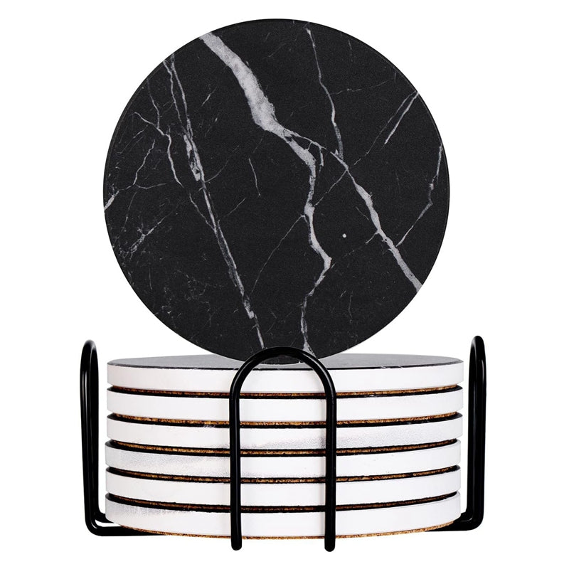 6pcs set Absorbent Ceramic Stone Marble Pattern Coasters with Cork Base drink Coasters with Metal Holder Stand