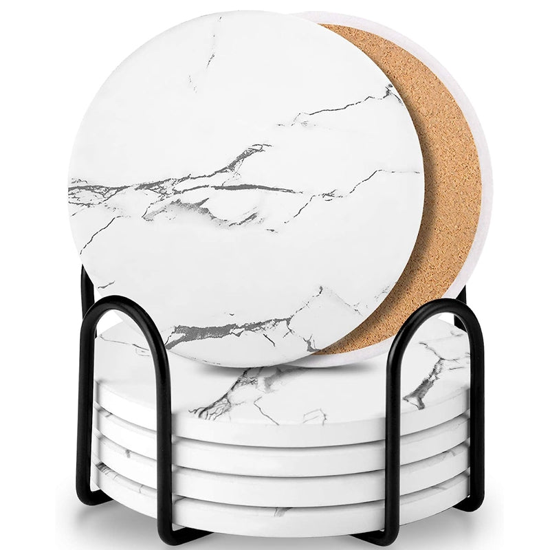 6pcs set Absorbent Ceramic Stone Marble Pattern Coasters with Cork Base drink Coasters with Metal Holder Stand